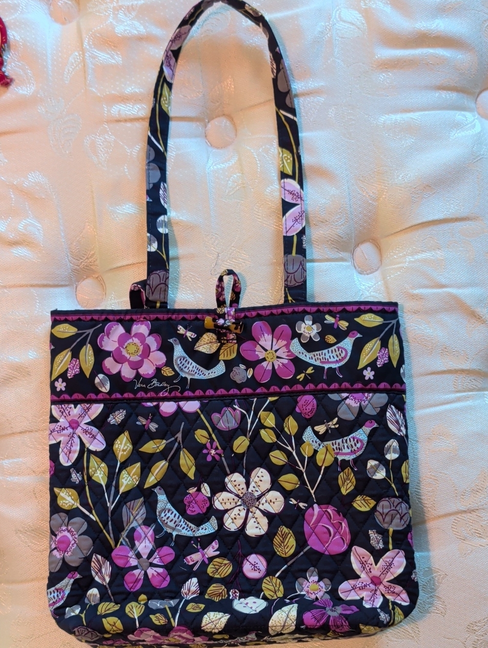 Vera Bradley Black Quilted Floral Tote with Pink & Olive Accents